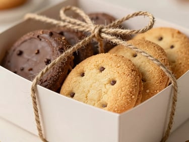 Craft paper cookie box tied with rustic twine, fresh cookies visible inside, soft warm afternoon lighting