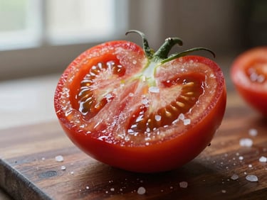 A macro shot of a fresh heirloom tomato sliced in half on a dark wooden board, salt crystals visible on the rich red flesh, soft diffused window light.