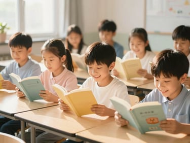 A group of children reading books together in a bright, modern classroom, smiling, warm golden-hour light, 35mm