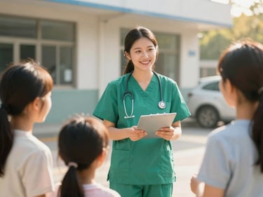 A community healthcare worker in a clean green uniform talking to a family outside a clinic, warm sunlight, 35mm