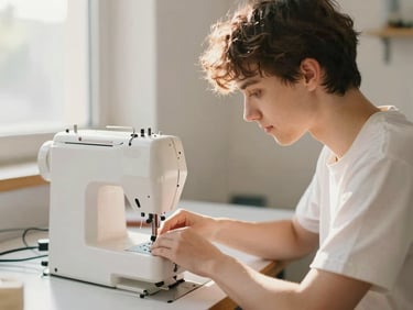 A young adult operating a sewing machine in a bright workshop, learning vocational skills, warm natural light, 35mm