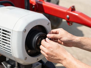 Close-up of hands adjusting a high-performance agricultural motor, bright natural day light, high-contrast red and white tones, crisp details, 35mm lens