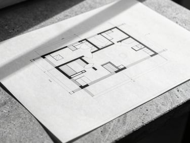 Close-up of a structured architectural blueprint on a concrete table, high contrast, sharp natural light, black and white.