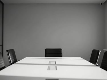 Minimalist corporate boardroom with clean lines, empty chairs, sharp shadows, black and white architectural photography.