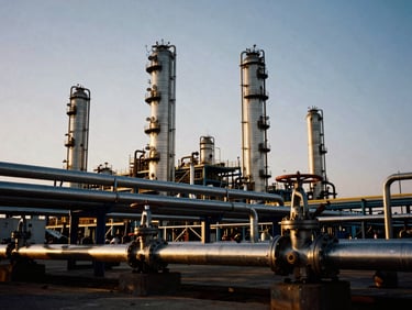 Industrial refinery pipes and valves at golden hour twilight, architectural view of modern energy processing equipment, 35mm film.