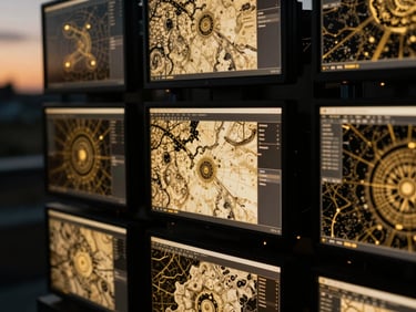Extreme macro detail of technical drilling instrumentation and geological mapping software screens, cool ambient twilight, gold accents.