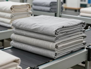 Neatly stacked and packaged premium bamboo fiber bedding sets on automated conveyor belt in a modern textile facility, bright neutral studio light, slate tones