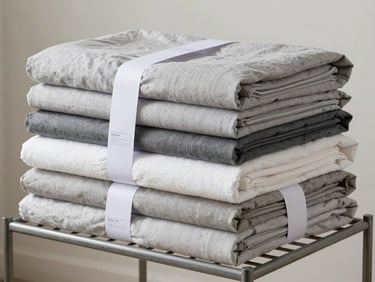 Neatly stacked and packaged white-label bedding sets on a clean metal rack, minimalist industrial background, bright light