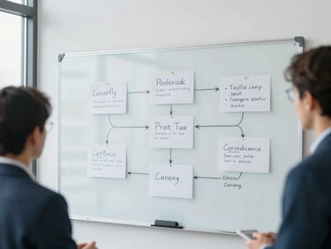Collaborative strategy session around a physical whiteboard with ad campaign flowcharts and notes, modern clean workspace, bright natural office light, cool blue and slate tones, sharp focus, 35mm lens