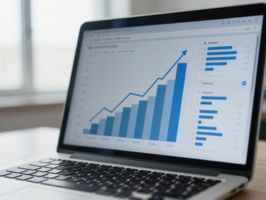 Close-up of a laptop screen showing upward trending charts and analytics data, clean corporate photography, bright natural office light, cool blue and slate tones, sharp focus, 35mm lens