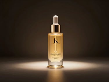 Elegant glass bottle containing golden active serum, soft directional studio lighting, dark luxury background