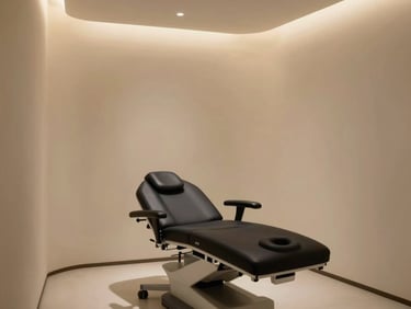 Minimalist clinic treatment room interior, warm ambient lighting, elegant serene atmosphere