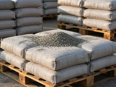 Close-up of raw concrete grain and stacked cement bags on heavy pallets, dramatic industrial golden hour lighting, 35mm lens