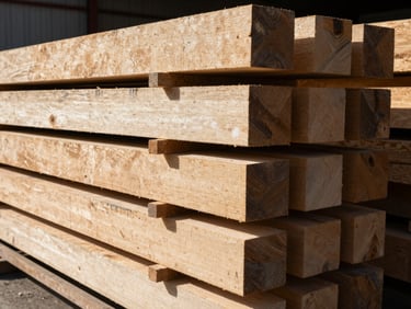 Heavy structural timber beams stacked in a commercial storage facility, raw wood textures under high-contrast natural daylight, industrial editorial photography