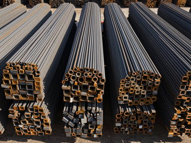 Raw steel rebar bundles stacked symmetrically in a high-volume logistics yard, hard sunlight casting deep shadows, industrial editorial photography, 35mm lens