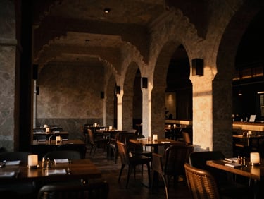 Interior shot of a high-end restaurant or lounge in Goa, deep shadows, warm accent lighting, architectural details, medium format film.