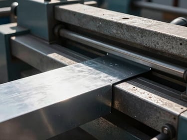 Close-up of industrial zinc work being folded by professional machinery, direct sunlight, sharp focus, 35mm