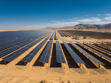 Wide-angle architectural shot of a massive solar array field in the Middle Eastern desert, high-contrast natural sunlight casting sharp geometric shadows, warm sand-gold and deep sky tones, 35mm lens.