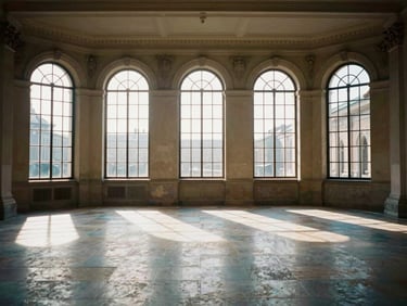 Wide-angle architectural shot of a historic European assembly hall, warm sunlight streaming through tall arched windows, casting long shadows on polished stone floors, 35mm.