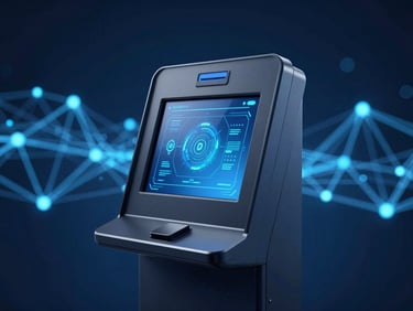 Modern self-service KIOSK with an interactive screen, abstract glowing digital network nodes in the background, cool blue studio lighting, sharp focus