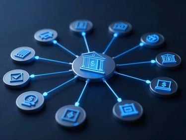 Abstract representation of data flow and APIs, glowing blue lines connecting various digital banking icons, sleek, high-tech, cool blue tones