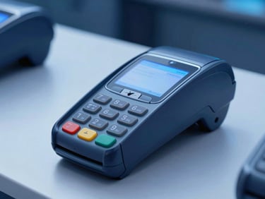 High-end POS terminal on a clean retail counter, close-up of the card reader, cool blue studio lighting, sharp focus, professional, clean