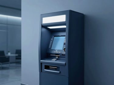 Sleek, modern ATM in a well-lit, minimalist banking hall, cool blue ambient tones, high-contrast shadows, professional, clean