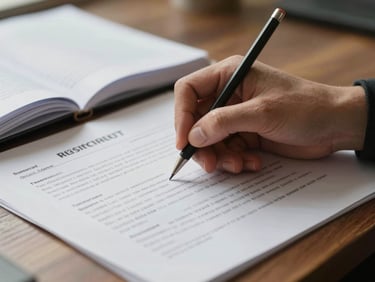 Close-up of a hand marking a residential building contract clause with a pencil, pages spread open on a site table, warm overcast light, a second document pinned beneath for reference