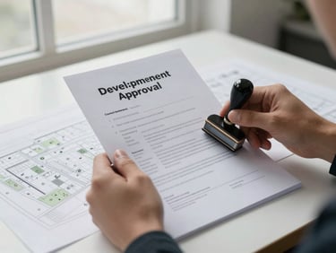 Hands holding a council development approval document with a rubber stamp impression visible, resting on a site plan spread across a desk, soft overcast window light, no faces