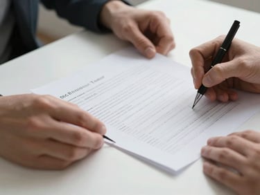 Detail shot of two sets of hands across a table — one holding a builder's tender document, the other making notes on a comparison sheet, overcast natural light, no faces visible