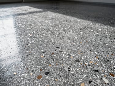 Extreme close-up of a finished full-flake epoxy floor, high-contrast, showing dense, multi-colored flakes and a high-gloss finish under bright overhead lighting.