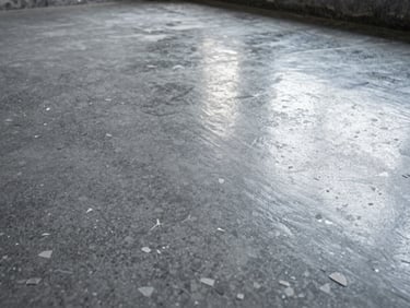 Close-up of a medium-broadcast epoxy flake floor, showing distinct flake patterns and a reflective surface under bright overhead lighting.
