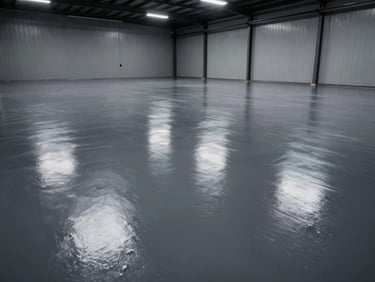 Low-angle shot of a flawless, high-gloss solid charcoal epoxy floor in a commercial warehouse, reflecting overhead lights, crisp details.