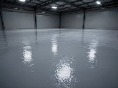Low-angle wide shot of a perfectly smooth, high-gloss solid color epoxy floor in a commercial warehouse, reflecting overhead lights.