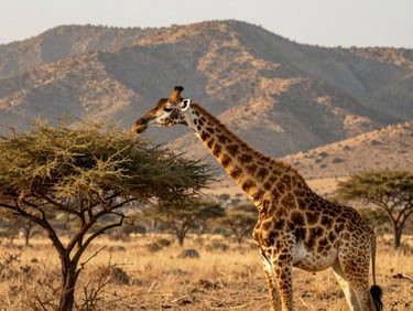A rare reticulated giraffe feeding on acacia branches against a dramatic, dry northern Kenyan mountain backdrop, warm late-afternoon light.