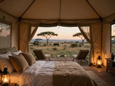 An elegant luxury safari tent interior with fine linens and glowing lanterns, open to a twilight view of the savanna.
