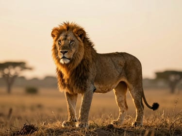A majestic lion standing proud on a grassy mound at sunrise, warm golden-hour light, shallow depth of field, rich earth tones.