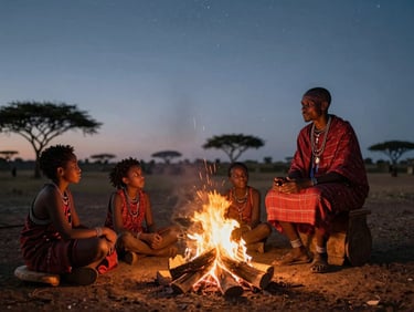 A family sitting around a crackling campfire at dusk, listening to a local Maasai guide tell stories under a starry sky.