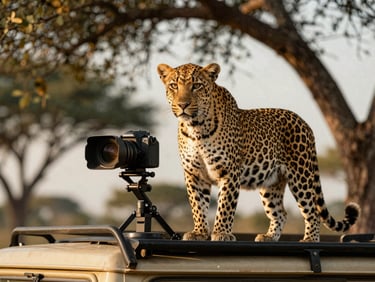 A close-up of a professional camera mounted on an open-sided safari vehicle, focusing on a leopard in a tree.