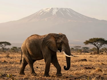 A solitary bull elephant with massive tusks walking across dry Amboseli plains, Mount Kilimanjaro rising majestically in the soft morning haze.
