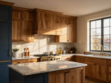 Interior of a luxury kitchen remodel, custom oak cabinetry, marble countertops, warm natural window light.