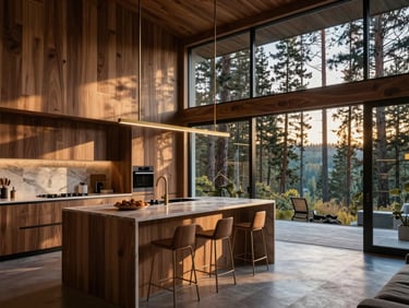 Interior of a modern luxury kitchen and living space, custom walnut wood paneling, minimalist gold light fixtures, large windows looking out to a Spokane pine forest.