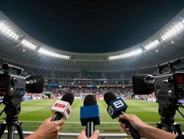 Intense press conference flash lighting up a modern media room, microphone in focus, dramatic sports journalism atmosphere, 35mm