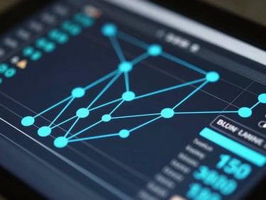 Close-up of a digital dashboard showing data correlation flow, neon blue lines connecting nodes, dark technical interface, sharp focus