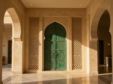 Elegant boutique hotel lobby in Madinah, warm sand tones, minimalist Islamic geometric screen, soft shadows, 35mm