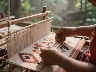 Close-up of hands weaving a traditional ikat textile on a backstrap loom, warm clay tones, soft morning light.