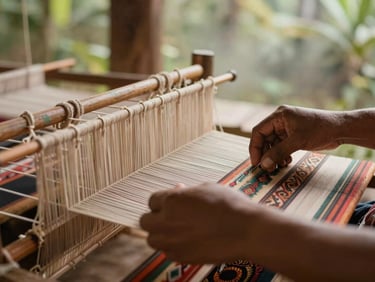 Close-up of local weaver hands working on a traditional ikat loom, warm clay tones, soft side light, 35mm lens