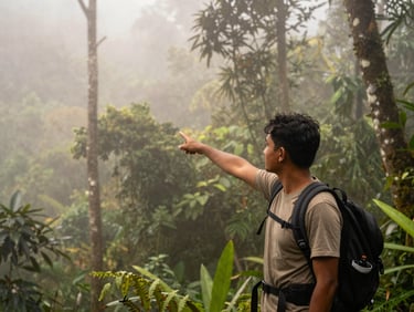 A local guide pointing toward the misty rainforest canopy of Sumatra, filtered jungle light, atmospheric fog, 35mm lens