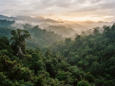 Wide environmental shot of Sumatra rainforest canopy shrouded in morning mist, soft filtered green light, 35mm lens, atmospheric scale