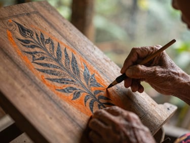 Close-up of an elderly Torajan artisan’s hands detailing a wooden panel, warm natural light, soft focus on the intricate orange and black pigments.